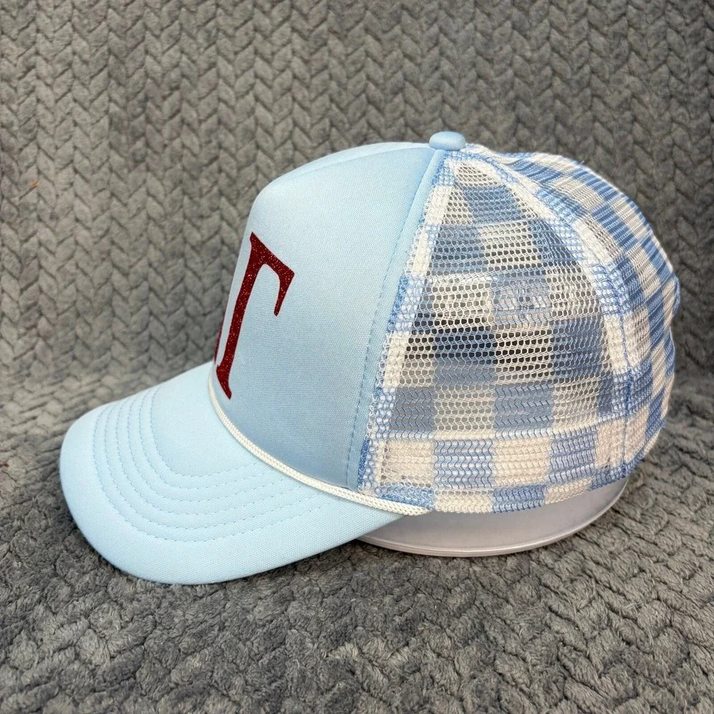 Delta Gamma DG Sorority Trucker Hat Light Blue Gingham Mesh Snapback Cap